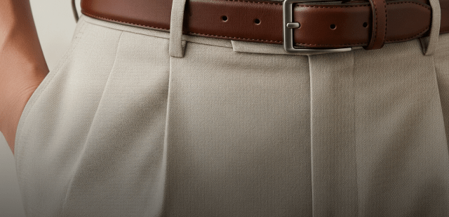 A curated display of Old Money Pants, including pleated wool trousers and linen slacks in earth tones, highlighting institutional quality and heritage tailoring.